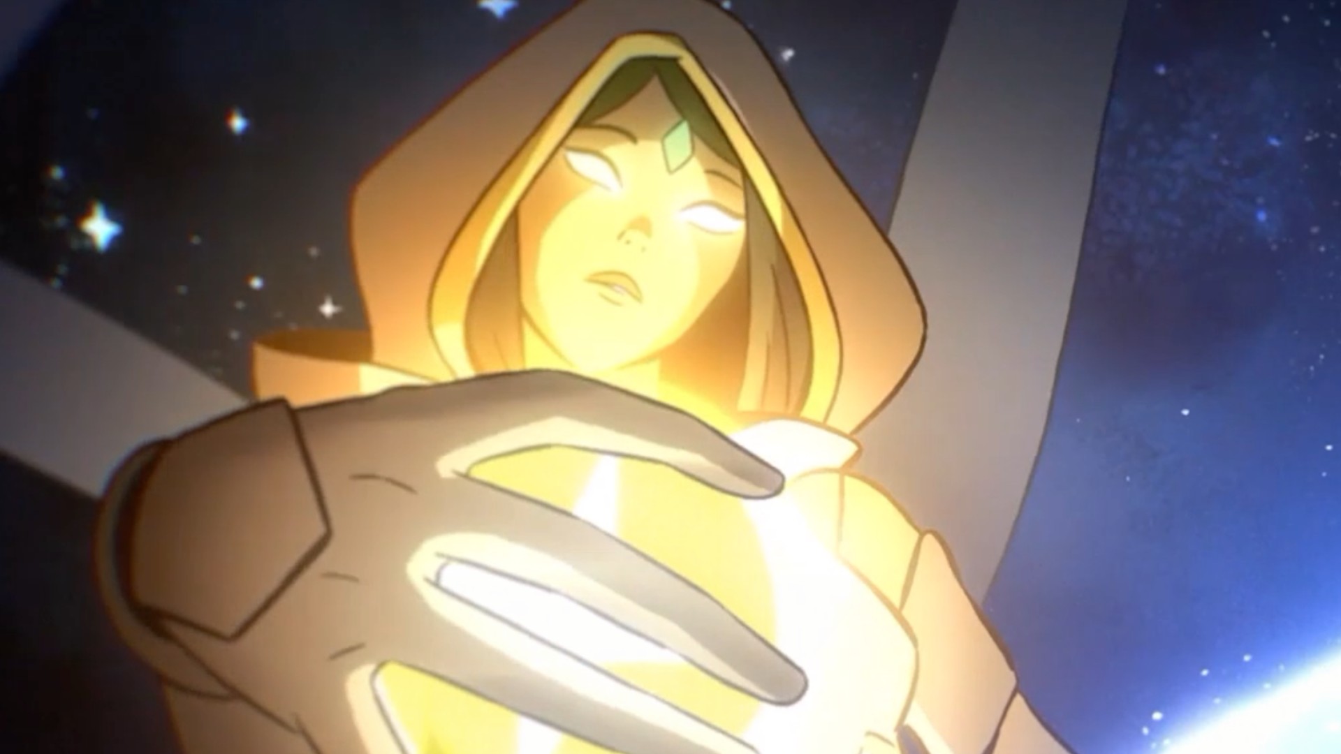 A raven-haired character in a hood is illuminated by a bright yellow light in the intro to Shape of Dreams.
