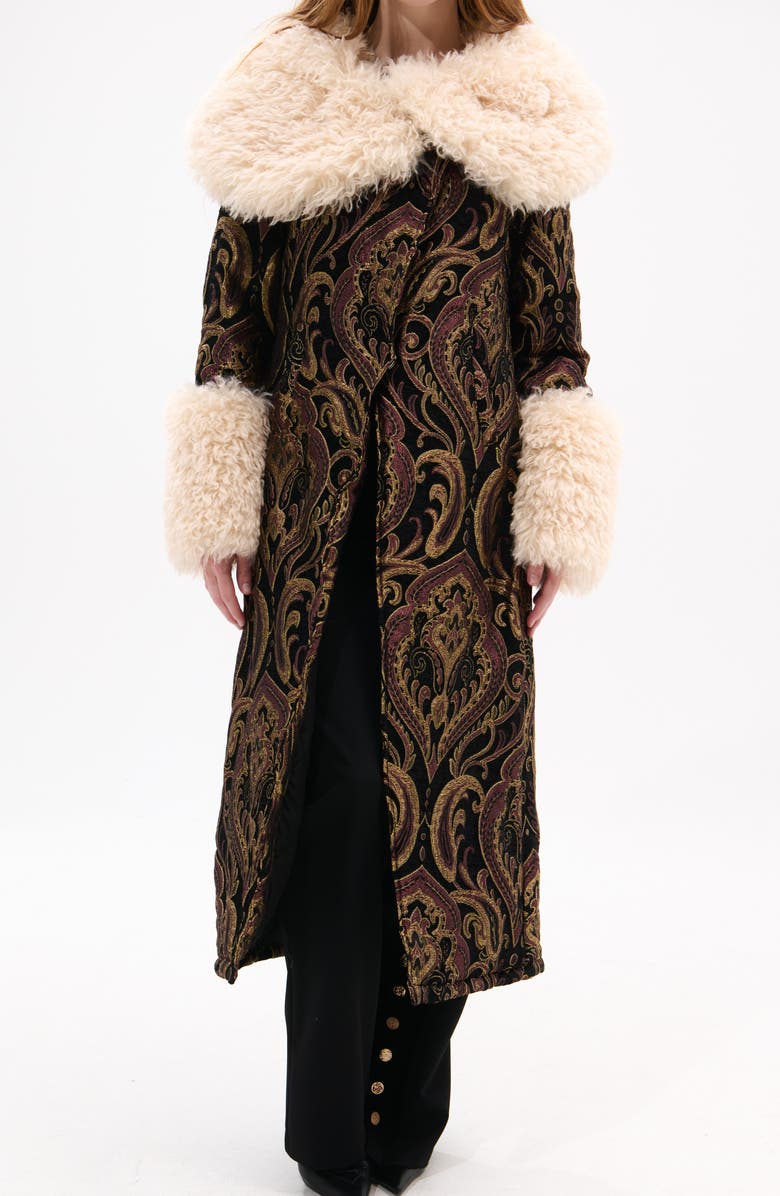 Otelia Jacquard Coat With Faux Fur Trim