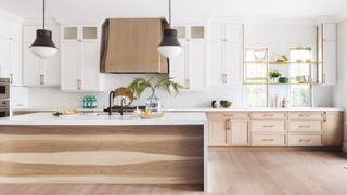 Wooden floor, kitchen island and drawers