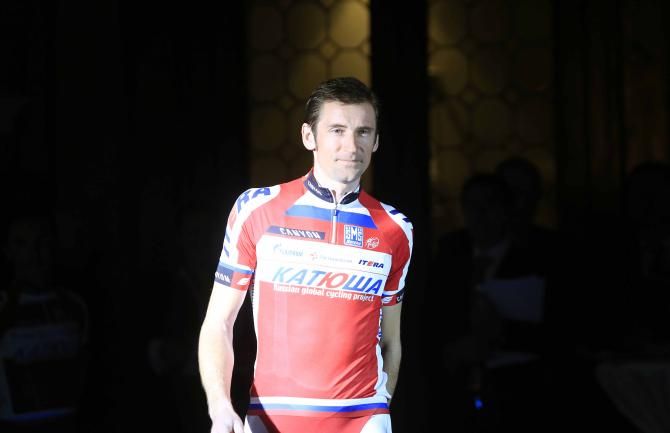 Denis Menchov struts his stuff at the Katusha presentation.