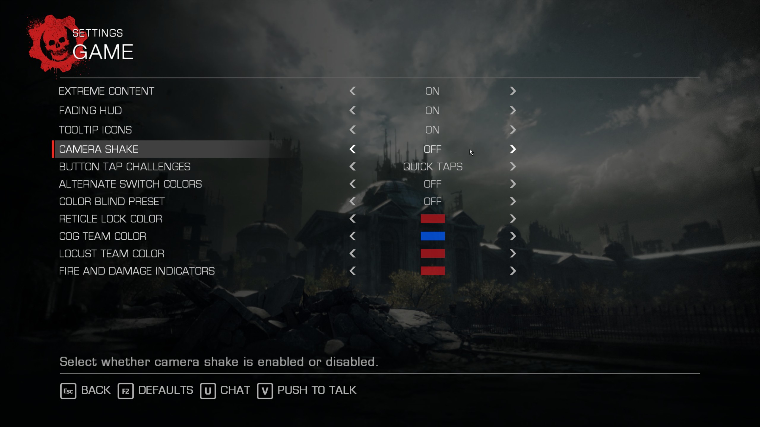 Turning off the camera shake setting in Gears of War: Reloaded