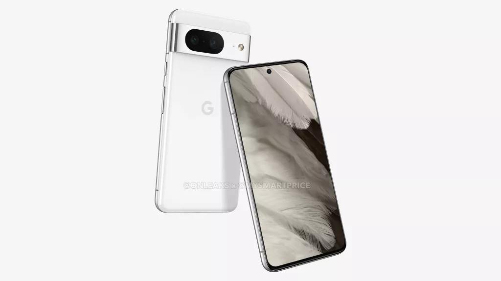 A render of the Google Pixel 8 in white on a white background