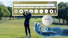 Baz Plummer hitting a golf shot at Hadley Wood Golf Course, with an inset image of the product finder tool that helped to find his optimal golf ball and an AI hand presenting said ball to Baz
