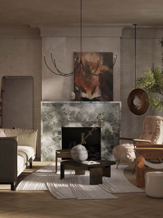 Living room with fluted plaster and beige limewash walls, beige sofa and marble fireplace