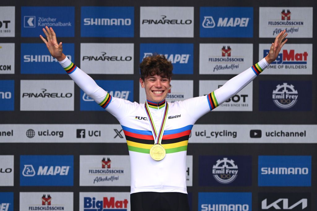 ZURICH SWITZERLAND SEPTEMBER 23 Gold medalist Ivan Romeo of Team Spain celebrates on the podium during the 97th UCI Cycling World Championships Zurich 2024 Mens U23 Individual Time Trial a 299km one day race from Zurich to Zurich on September 23 2024 in Zurich Switzerland Photo by Dario BelingheriGetty Images