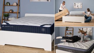 A collage of images: on the left, the DreamCloud Classic Hybrid Mattress on a bed frame in our Sleep Lab. Top right, mattress testers Ruth Jones and Frances Daniels unbox the Siena Signature Mattress onto a bed frame. Bottom right, tester Nicola Appleton leaps onto the Helix Midnight Luxe mattress