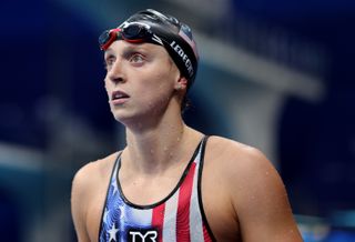 Katie Ledecky of Team United States reacts after competing in the Women's 200m Freestyle Semifinal