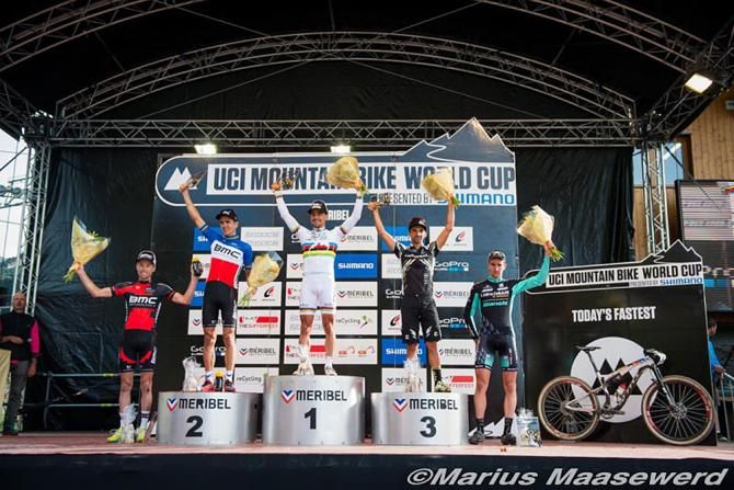 Men's podium: Lukas Fl&uuml;ckiger, Julien Absalon, Nino Schurter, Manuel Fumic, Gerhard Kerschbaumer