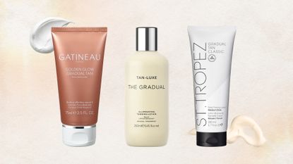Lineup of three gradual tans (L-R) Gatineau, Tan-Luxe and St.Tropez on a beige background with sun and cream swatches