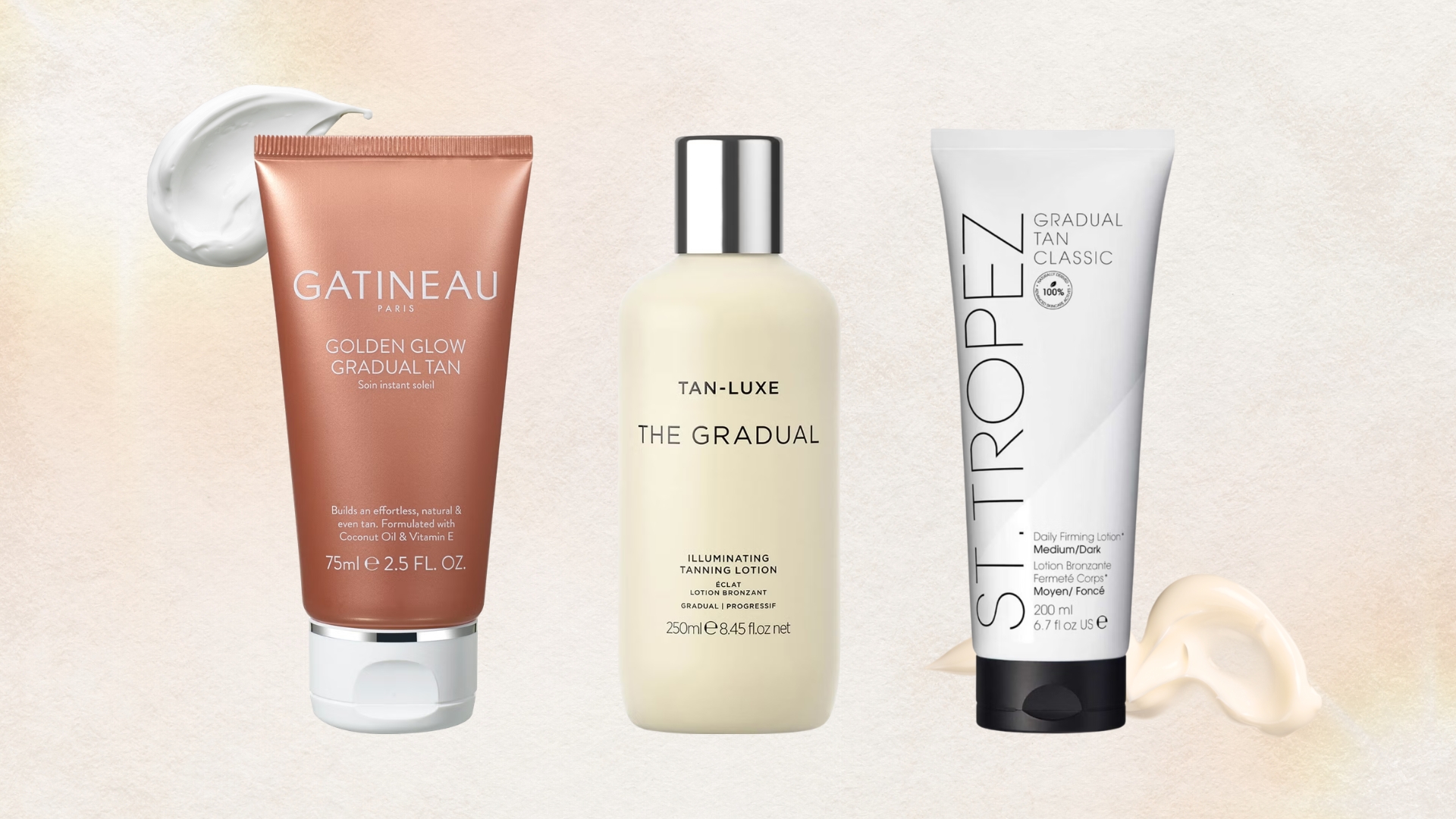 Lineup of three gradual tans (L-R) Gatineau, Tan-Luxe and St.Tropez on a beige background with sun and cream swatches