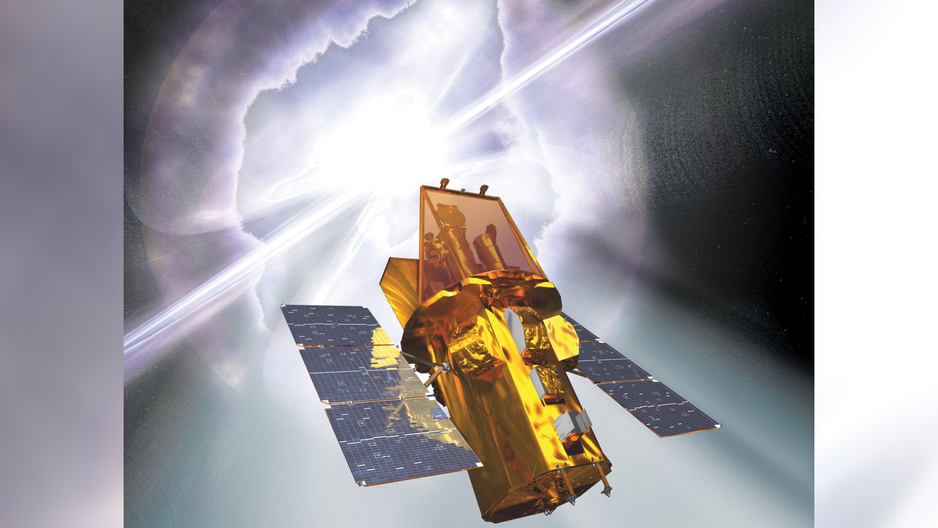 An artist's rendering of the Swift spacecraft with a gamma-ray burst in the background.