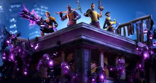 The Fortnite crew fight off a bunch of cube monsters atop a building.