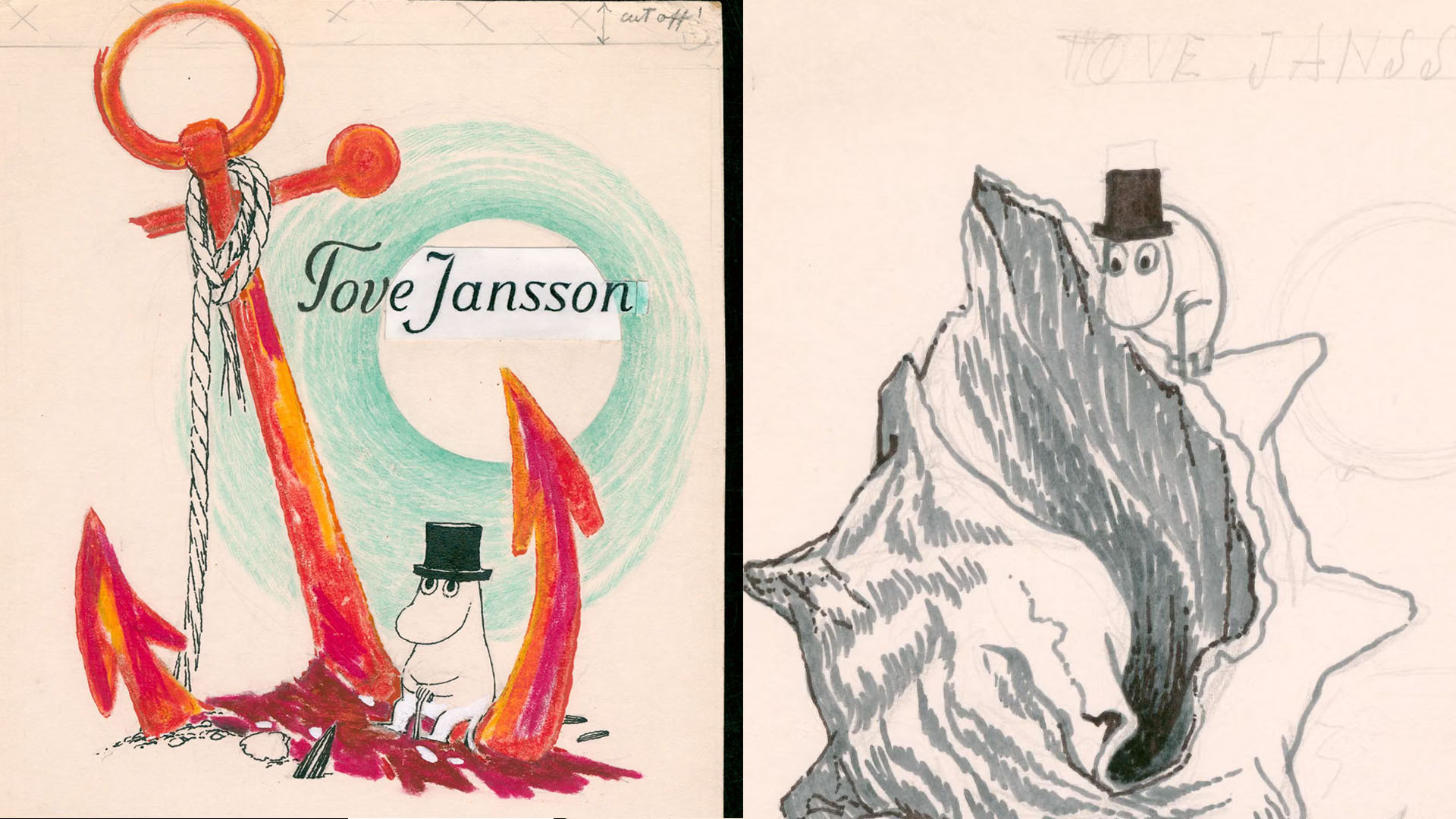A pair of Moomin illustrations by Tove Jansson.