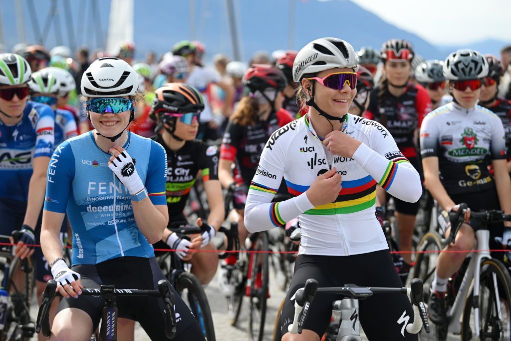 MACCAGNO CON PINO E VEDDASCA ITALY MARCH 17 LR Puck Pieterse of The Netherlands and Team FenixDeceuninck UCI Womens WorldTour young blue jersey and Lotte Kopecky of Belgium and Team SD WorxProtime prior to the 25th Trofeo Alfredo BindaComune di Cittiglio 2024 Womens Elite a 1405km one day race from Maccagno con Pino e Veddasca to Cittiglio UCIWWT on March 17 2024 in Maccagno con Pino e Veddasca Italy Photo by Dario BelingheriGetty Images