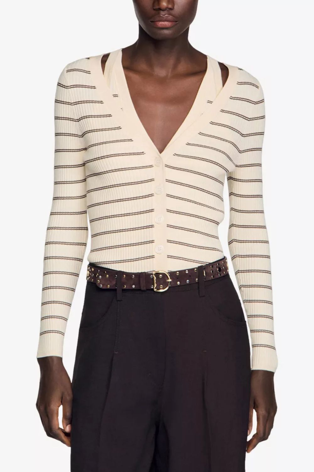 Sandro, Striped Ribbed Knitted Cardigan
