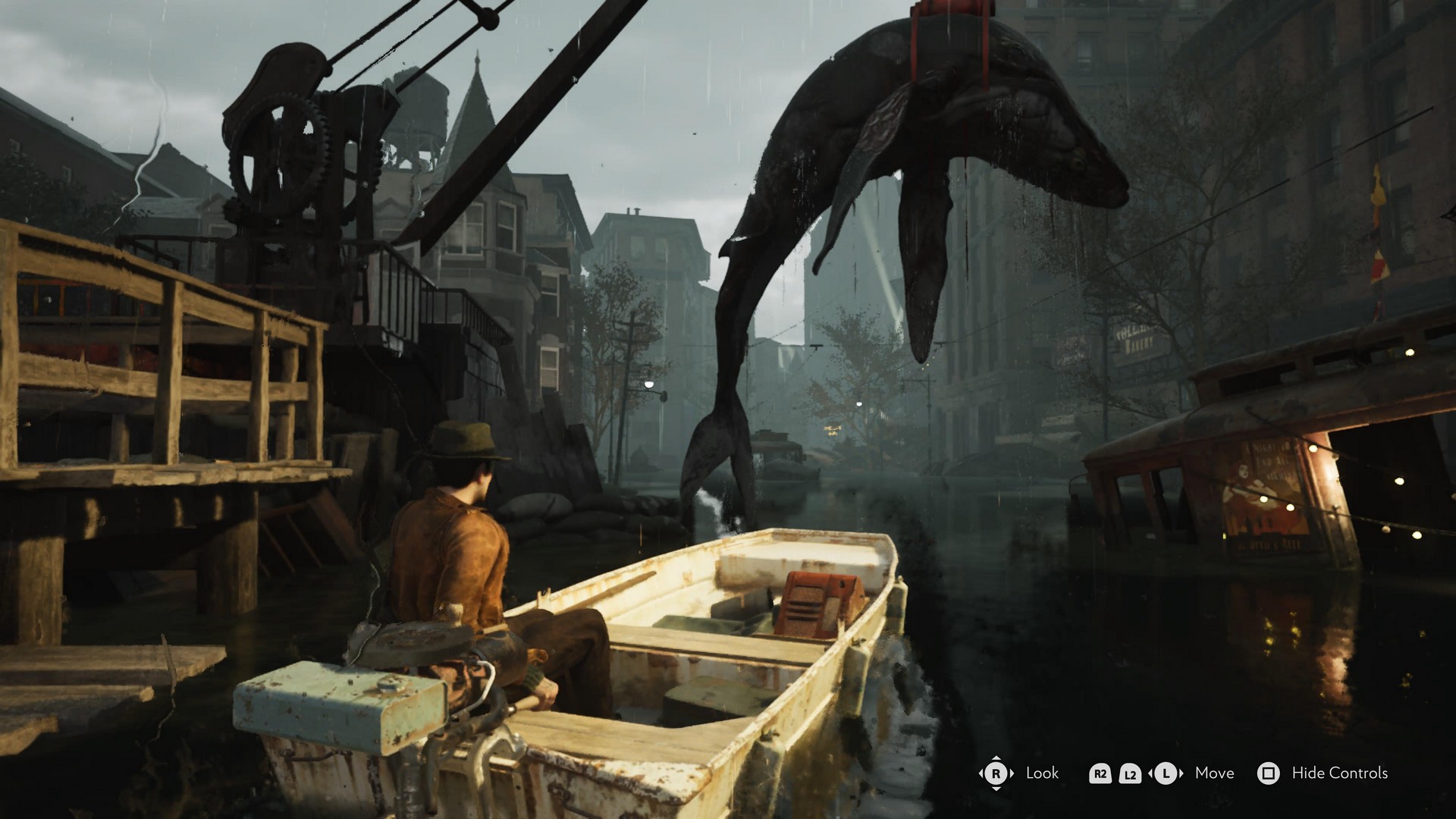 A whale corpse is suspended above Calvin's boat in The Sinking City 2