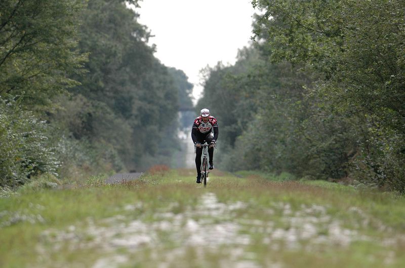 Fabian Cancellara during a recon of the Arenberg forest in 2006
