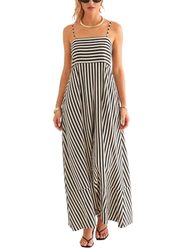 Cupshe Women's Maxi Dress Sleeveless Spaghetti Strap Flowy Summer Casual Striped Dress With Pockets Black S