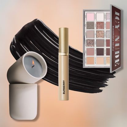 Product collage of Huda Beauty Icy Nude Eyeshadow Palette, Phlur Vanilla Smoke Candle, Burberry Beyond Volume Mascara, with image of mascara swatch overlaid on a peach and grey gradient background