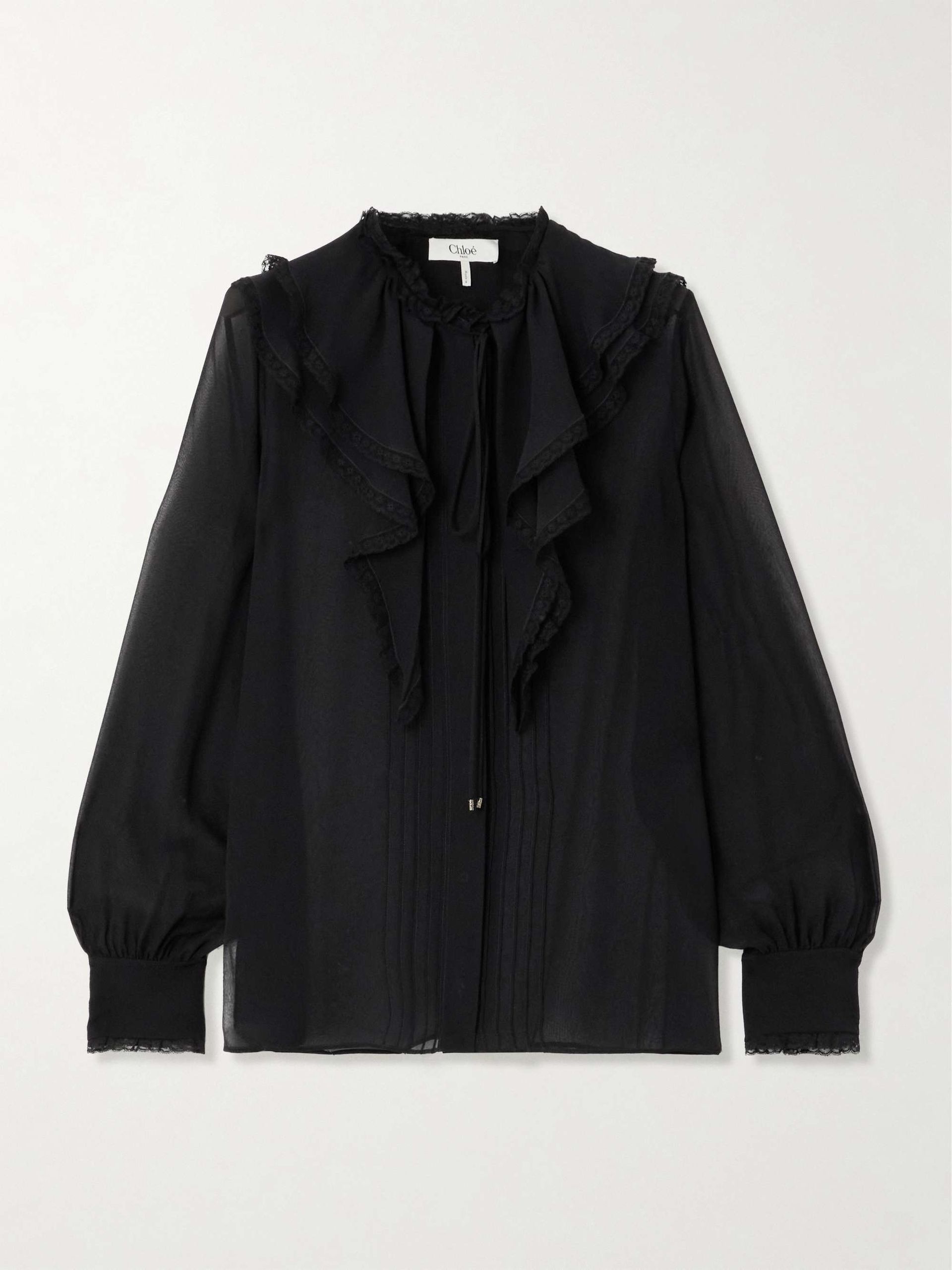 Lace-Trimmed Pleated Silk-Chiffon Blouse