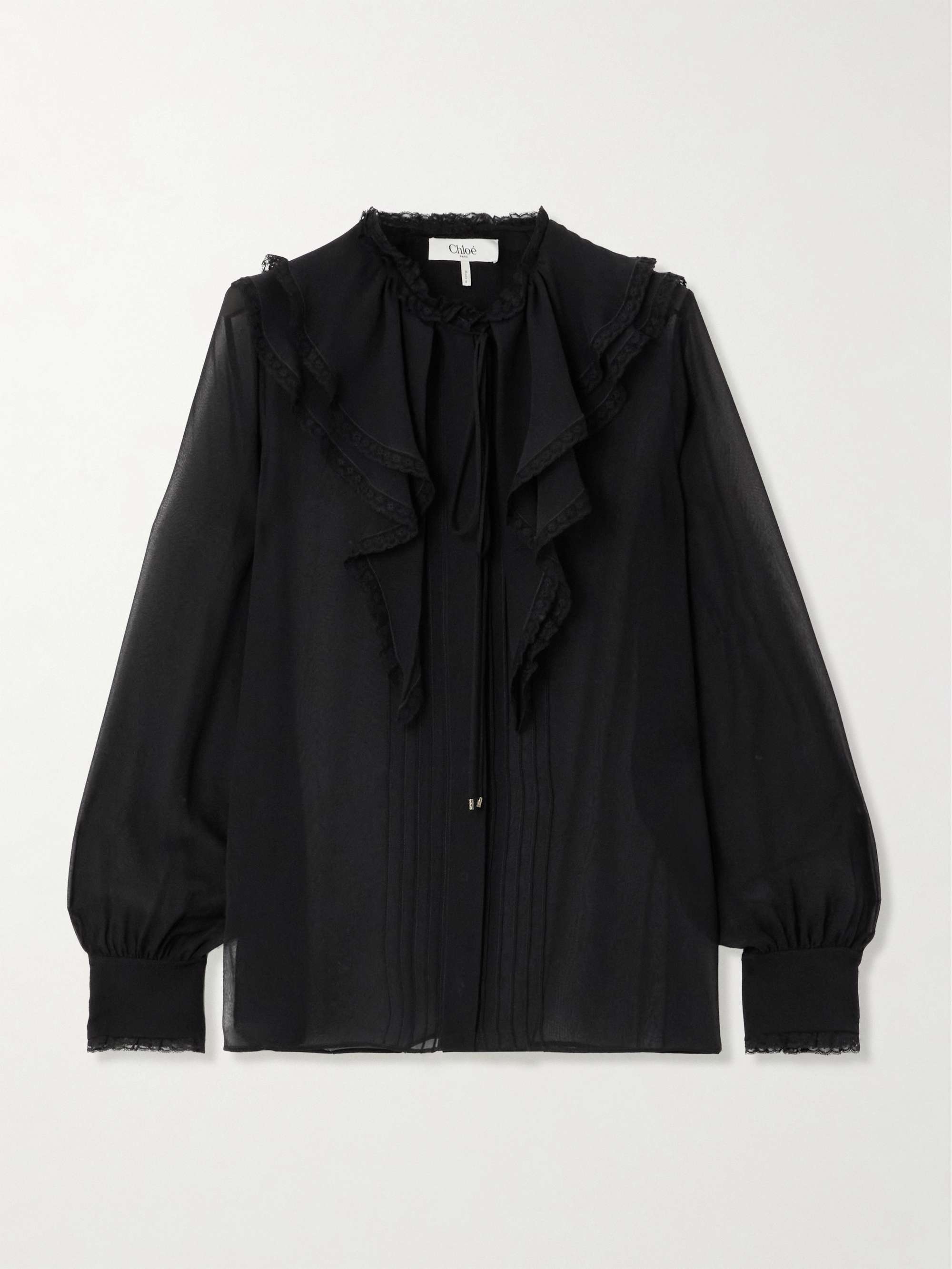 Lace-Trimmed Pleated Silk-Chiffon Blouse