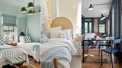 Three examples of dorm room ideas. Stylish dorm room, close up of bed, wooden side table and wall decor. Bright white room, close up of desk, locker storage, decorative accessories. Close up of bed and alcove shelving with books and ornaments, guitar on floor. 