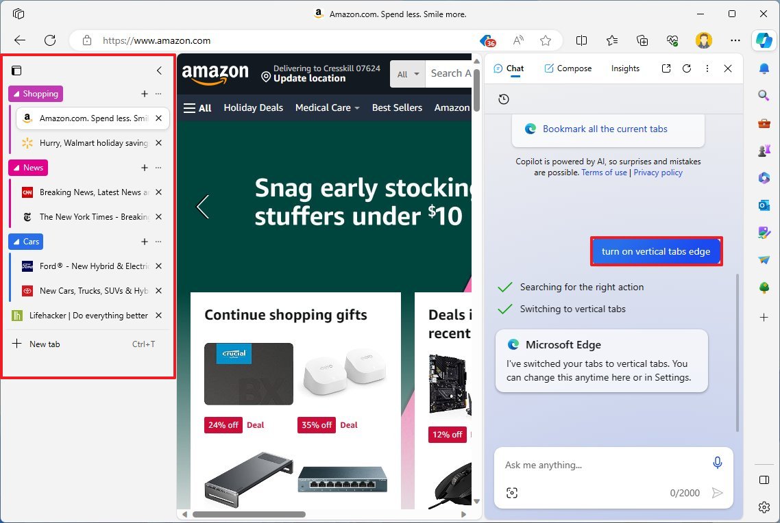 Edge Copilot включает вертикальные вкладки
