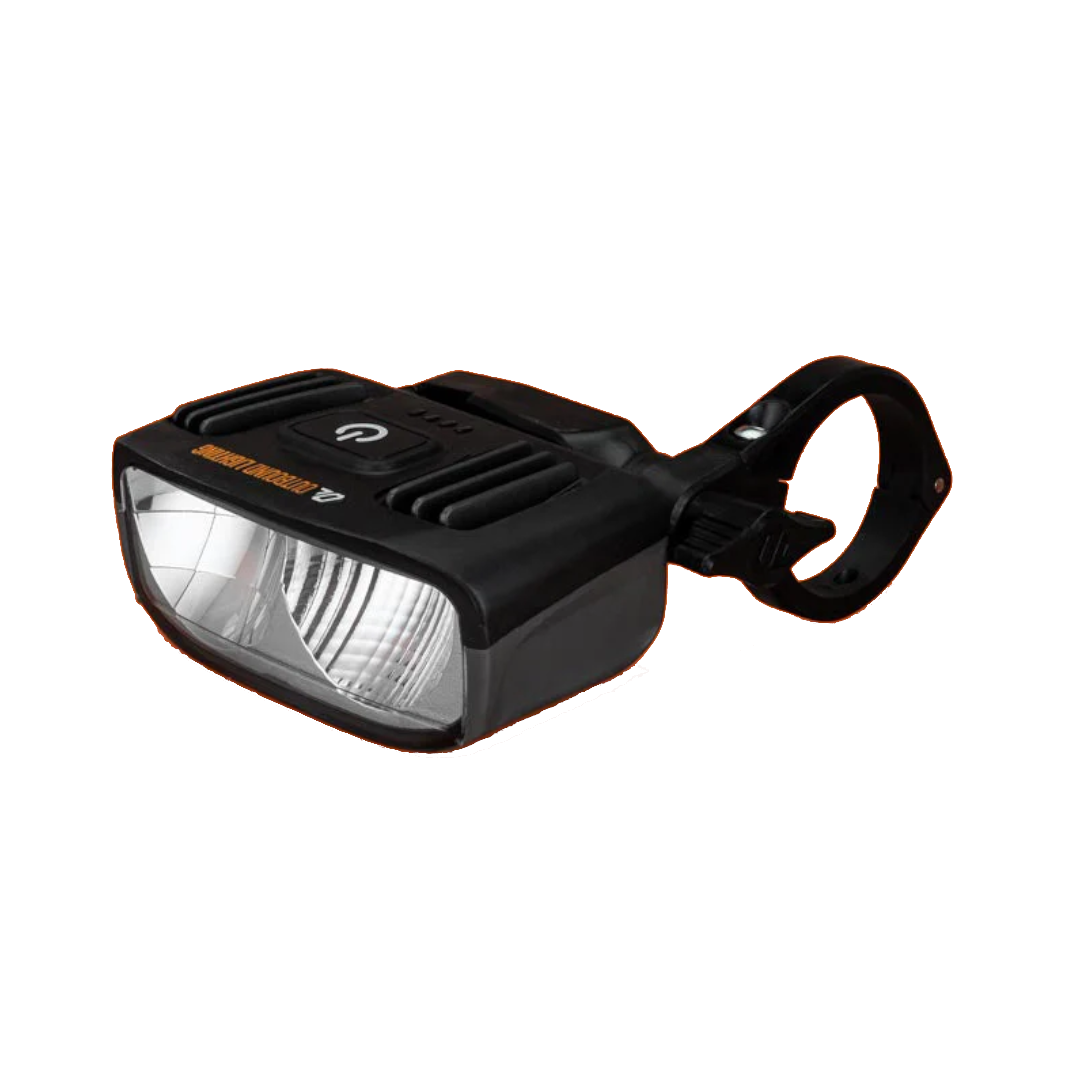 A black bike light against a white background