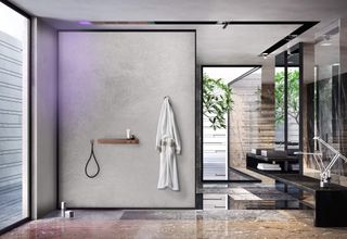 Grey stone wall shower, black marble sink shelf