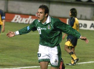 Cuauhtemoc Blanco celebrates a goal for Mexico against Venezuela in July 1999.