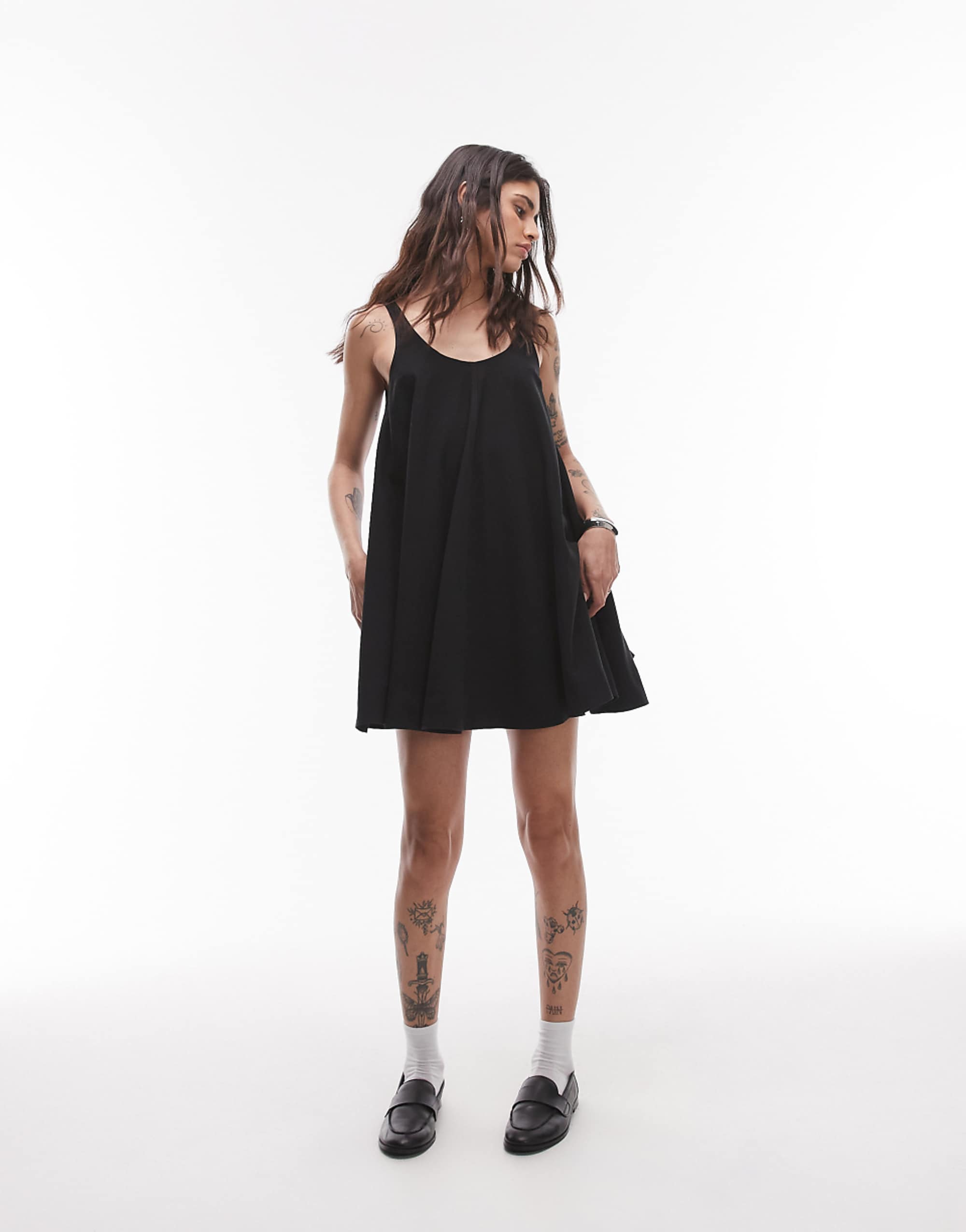 Topshop Linen Ladder Swing Mini Dress Black