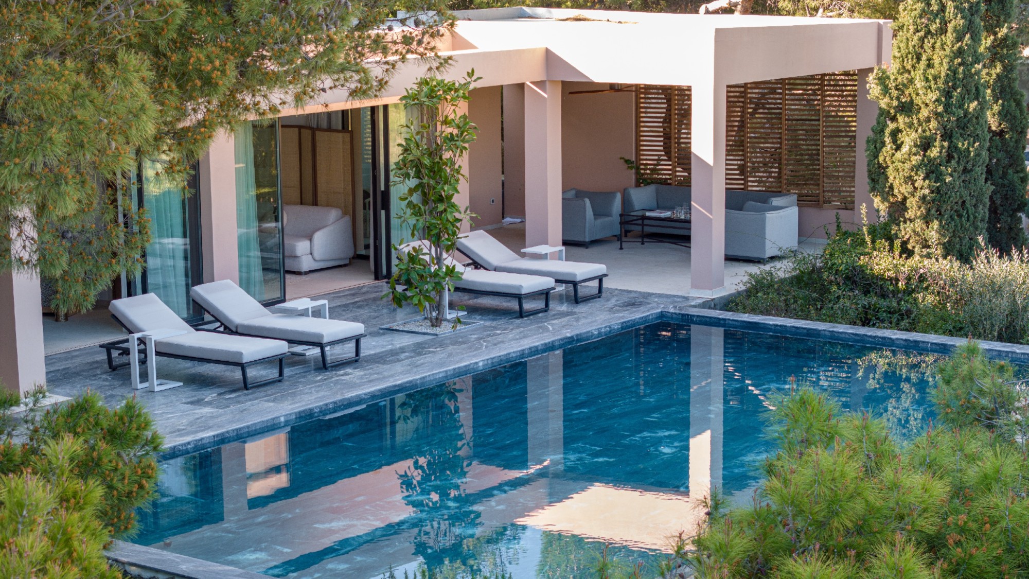 The terrace and pool at Pine Hill Villa, Cape Sounio, Greece