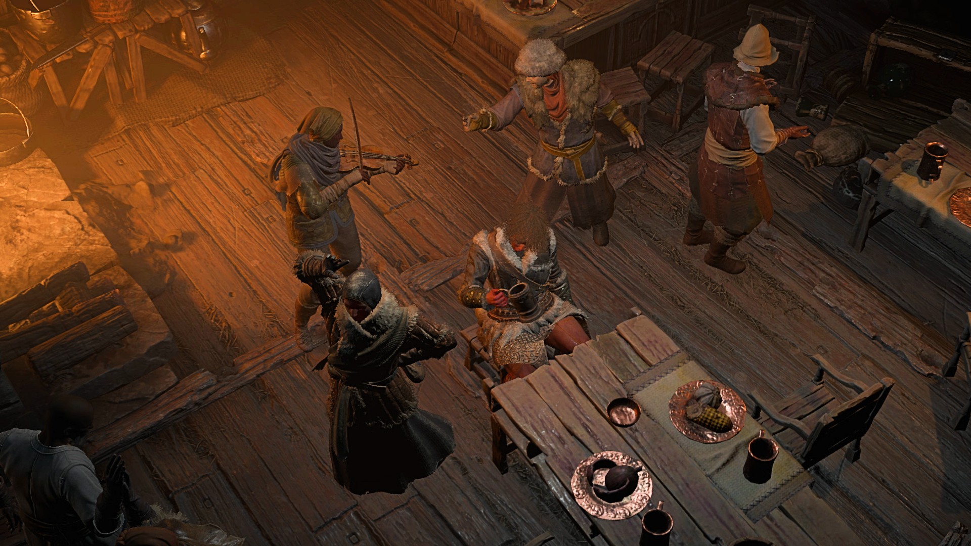 Villagers dance around the player inside a dimly lit tavern
