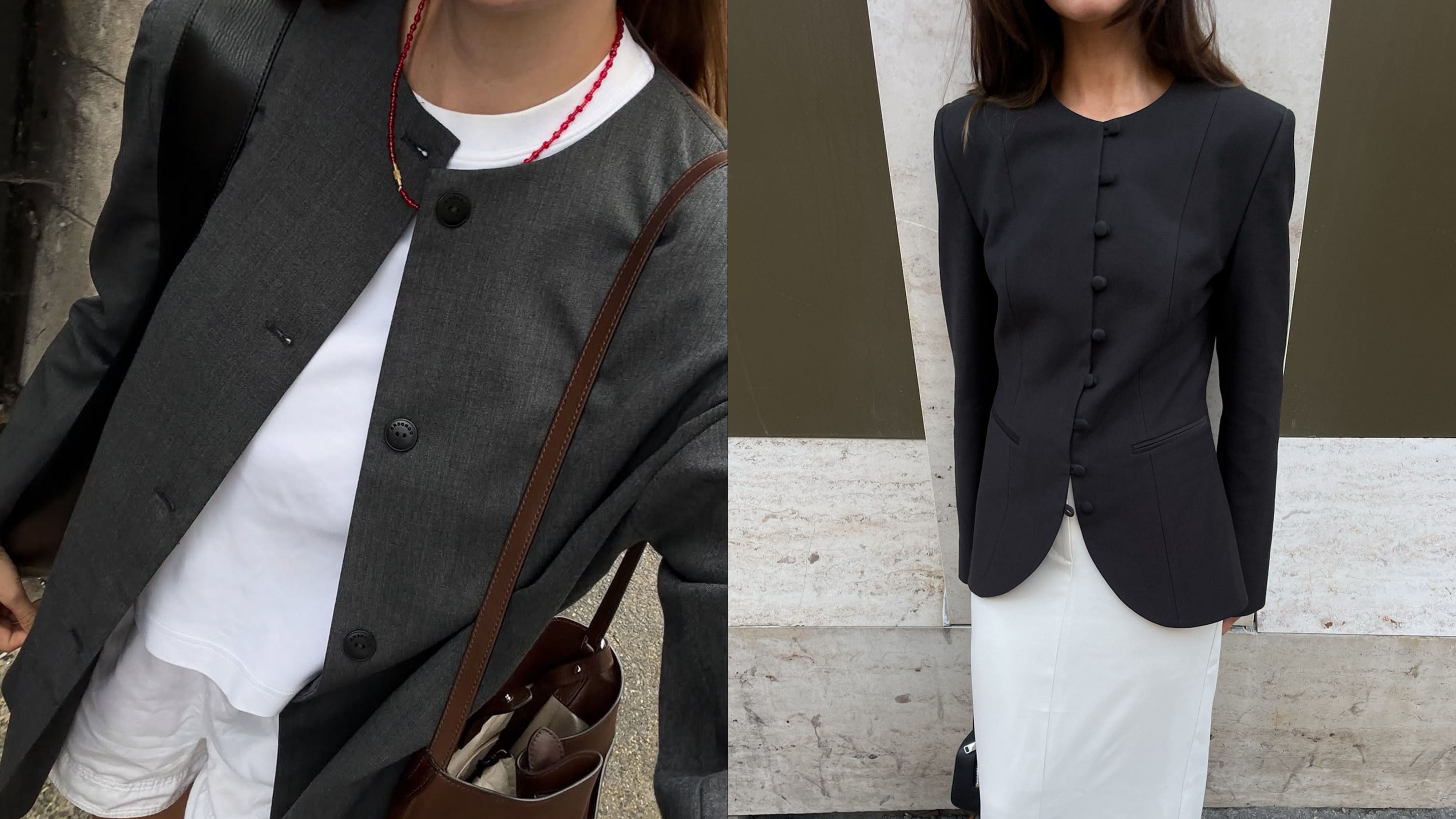 Women wearing collarless jackets