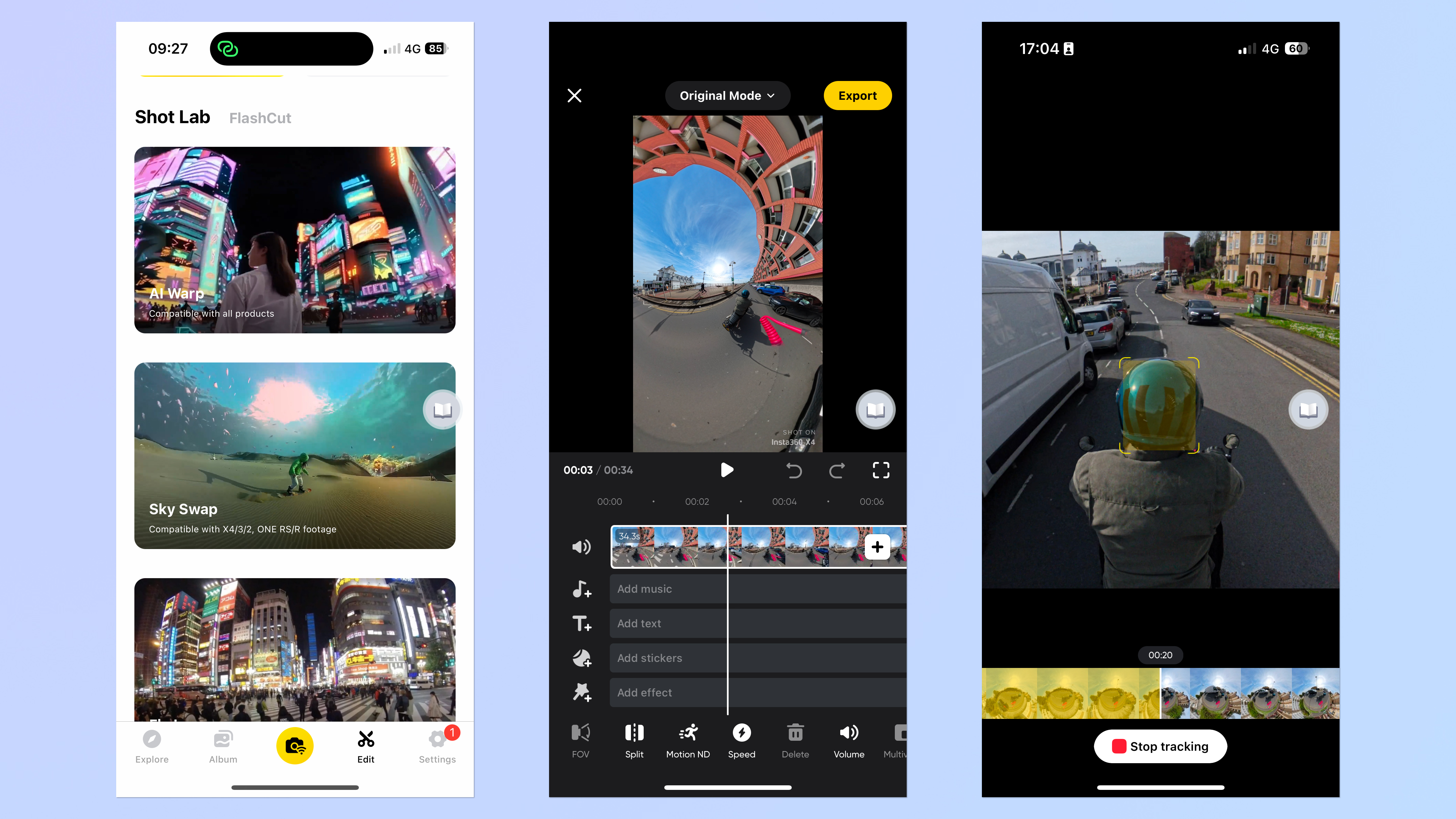 Three screenshots of the Insta360 smartphone app