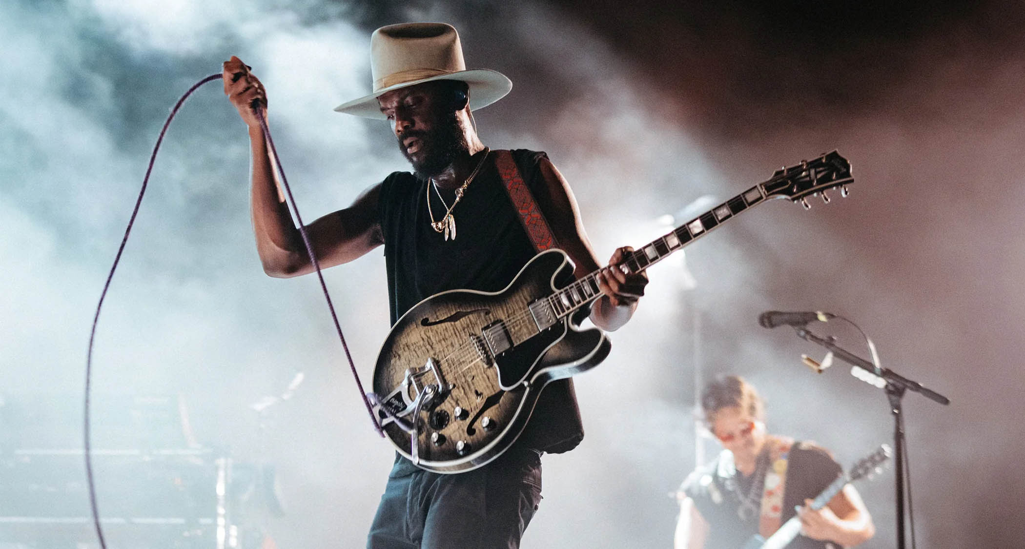 Gary Clark Jr plays his signature Cobra Burst ES-355 live onstage.