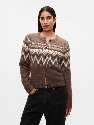 Brown Brushed Fair Isle Cropped Cardigan