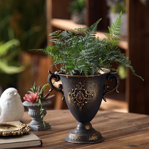 Nooneau Vintage Urn Planter, 8.3" Distressed Brass Metal Vase With Embossed Design, European Shabby Chic Centerpiece for Mantel, Table, Entryway or Living Room Decor