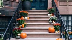 Pumpkins and fall flowers on apartment steps