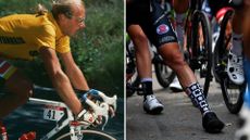 Left, Laurent Fignon at the Tour de France, right, socks (from a range of brands) in modern day peloton