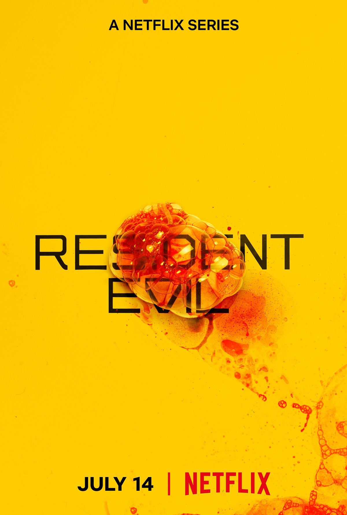 Poster for the Netflix Resident Evil series with a yellow background, black text and a bloody bubble