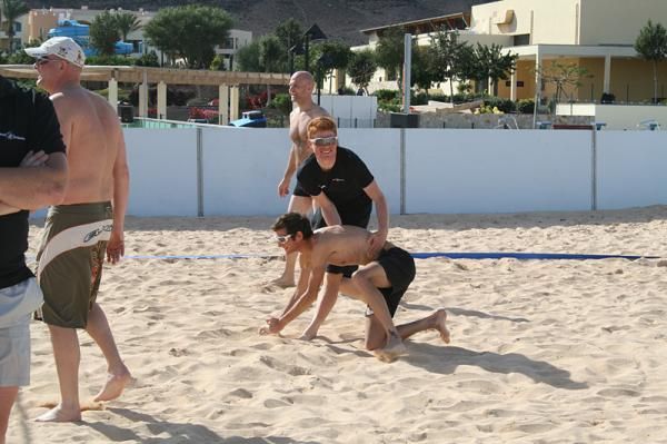 Domenik Klemme helps Frank to his feet.