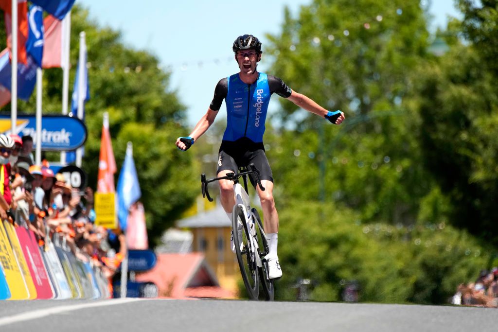 LOBETHAL AUSTRALIA JANUARY 27 James Whelan of Australia and Team Bridgelane celebrates at finish line as stage winner during the 2nd Santos Festival Of Cycling 2022 Mens Elite Stage 1 a 1142km stage from Stirling to Lobethal TourDownUnder on January 27 2022 in Lobethal Australia Photo by Daniel KaliszGetty Images