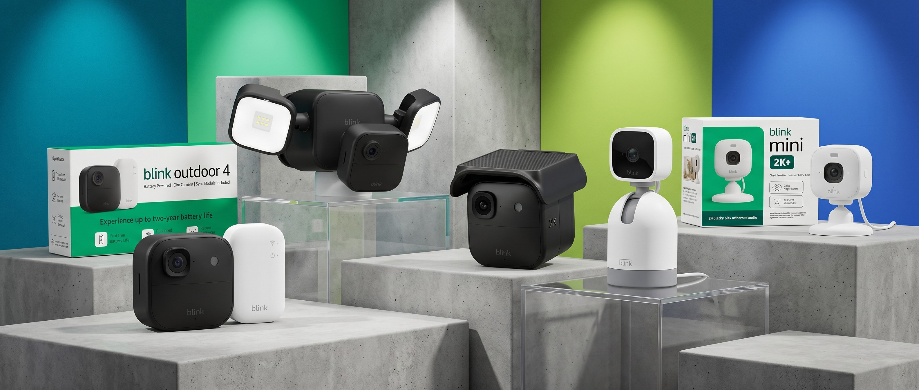 Selection of Blink home security cameras on podiums