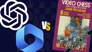 The logos for Microsoft Copilot and OpenAI ChatGPT are on the left side of the image, with "vs" in the middle in yellow and white, and the box art for 1979's Video Chess game for the Atari 2600 is on the right side of the image. The background contains a dark faded screenshot of the chessboard from Atari Video Chess.