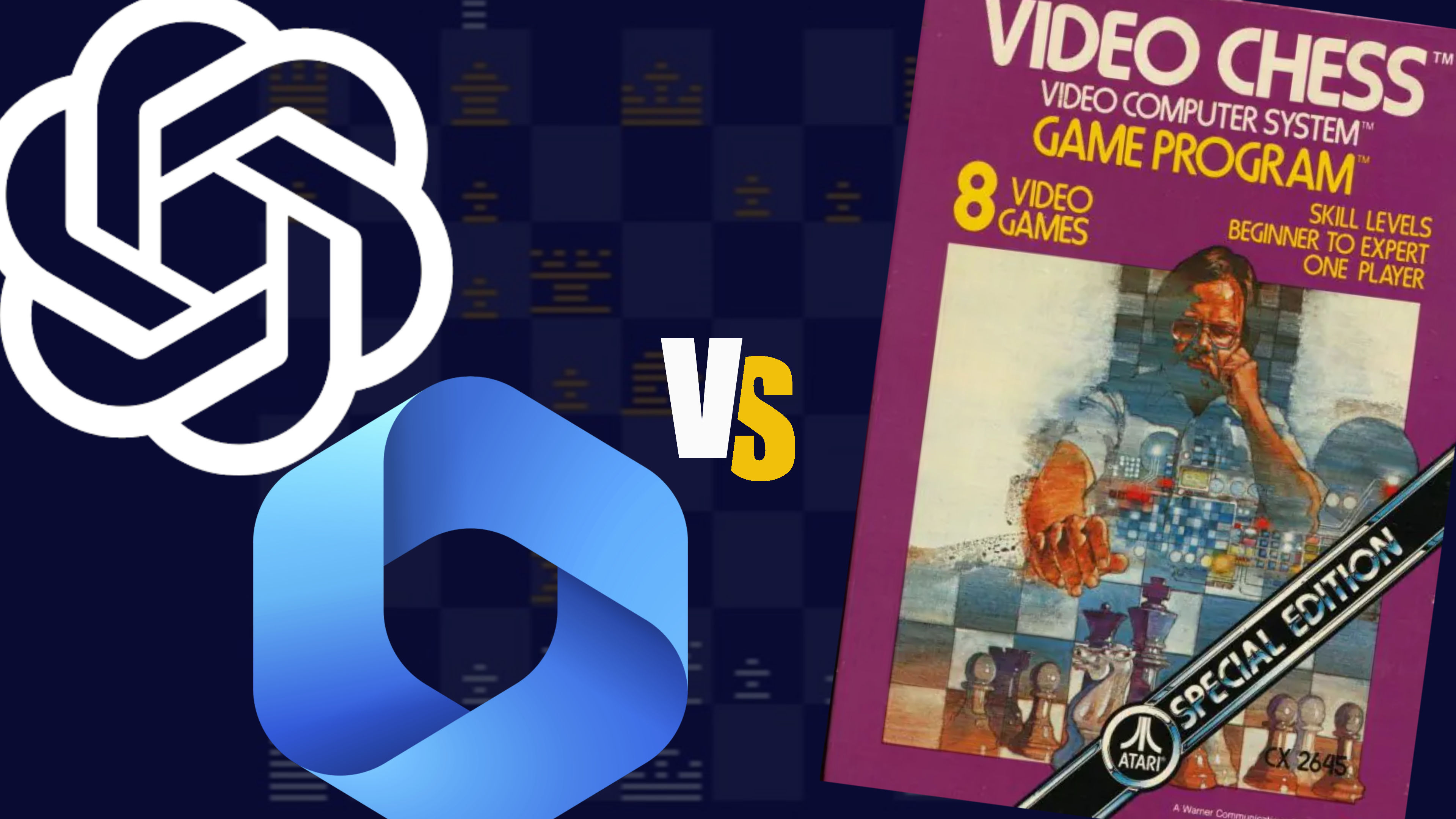 The logos for Microsoft Copilot and OpenAI ChatGPT are on the left side of the image, with &quot;vs&quot; in the middle in yellow and white, and the box art for 1979&#039;s Video Chess game for the Atari 2600 is on the right side of the image. The background contains a dark faded screenshot of the chessboard from Atari Video Chess.