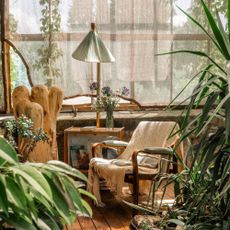 A charming reading nook in a greenhouse