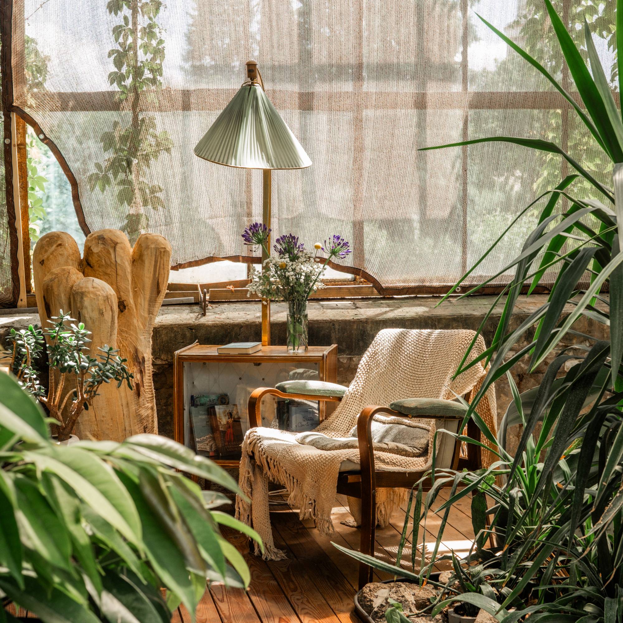 A charming reading nook in a greenhouse