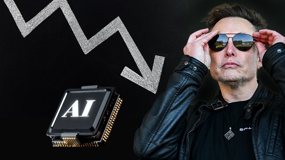 Colagem mostrando Elon Musk, chip de IA e gráfico com seta apontando para baixo