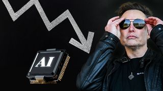 A collage showing Elon Musk and AI chip and a graph arrow going down